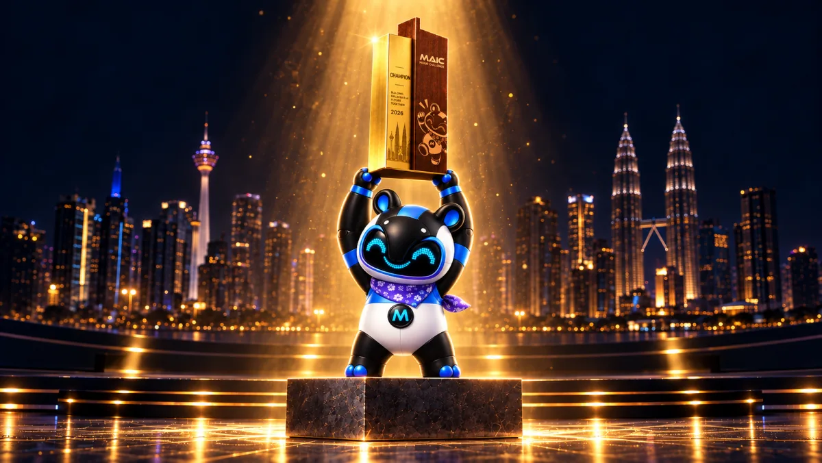 Tappy lifts the MAIC champion trophy in front of the Kuala Lumpur skyline