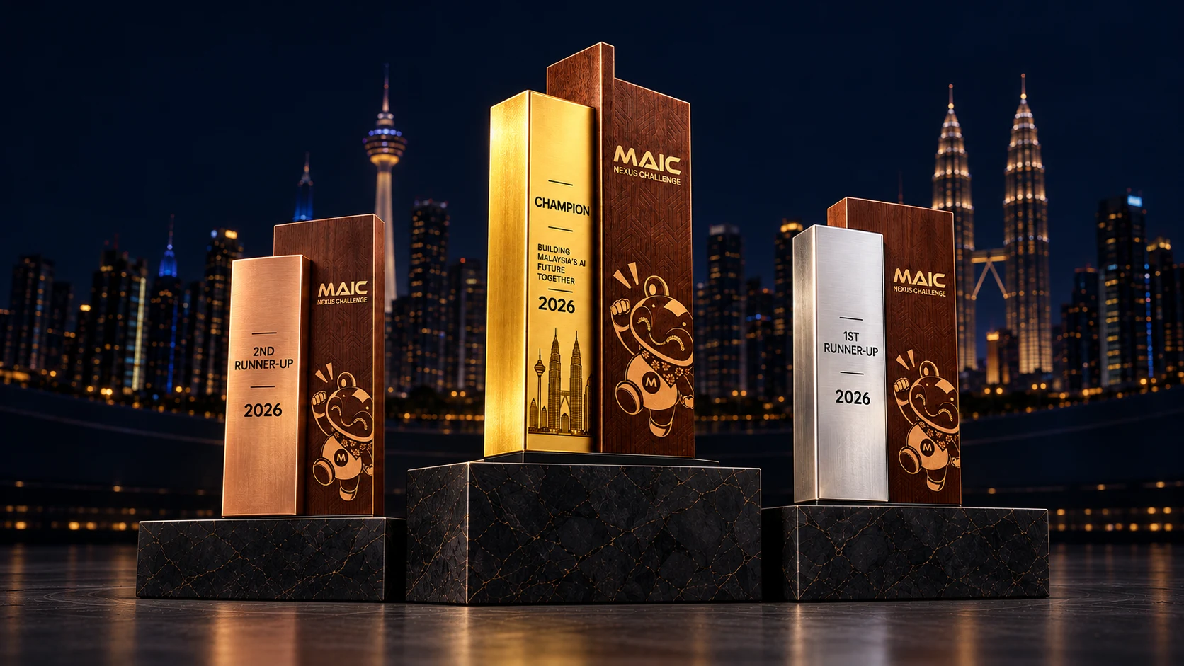 Wood-and-metal MAIC trophies with Tappy carvings on three black marble platforms against a softly lit Kuala Lumpur skyline.